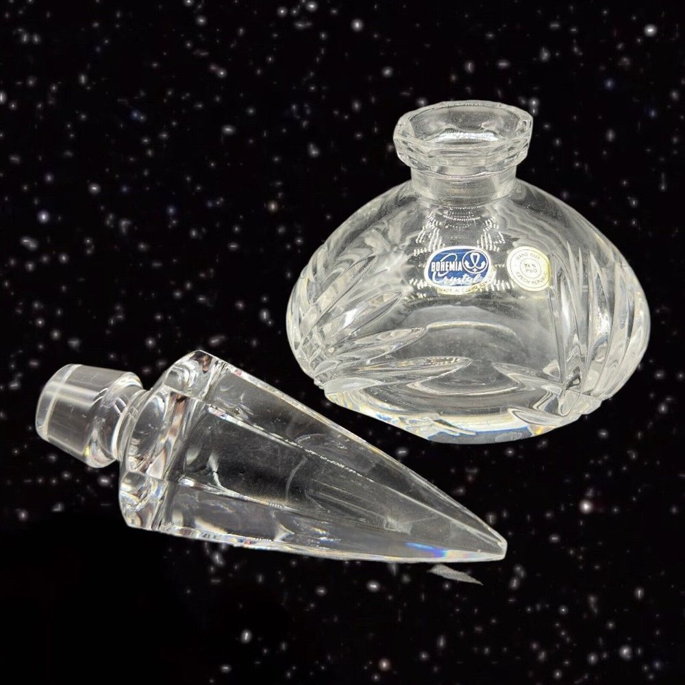 Czech Crystal Clear Glass Perfume Bottle Clear‎ Bohemian Glass Hand Cut 6.5”T